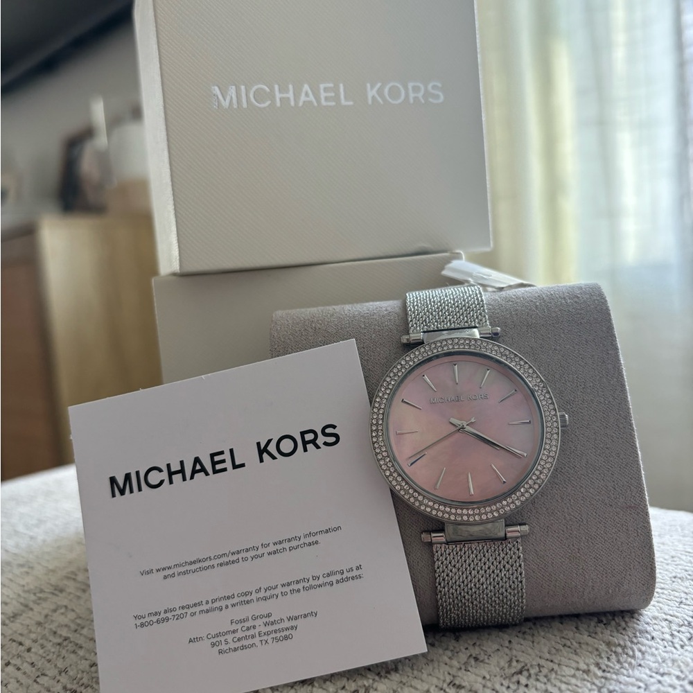 Michael Kora Darci Crystals Pink Dial Silver Band 39mm Watch MK4518